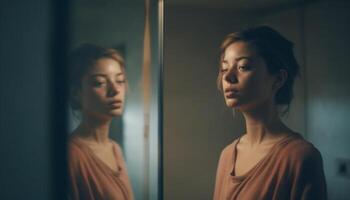 One young woman, looking through window, feeling sadness alone generated by AI photo