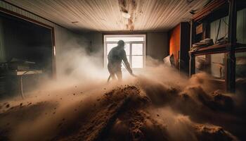 One skilled man works indoors with equipment in a workshop generated by AI photo