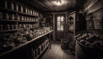 Antique wine bottles in a large cellar, a rustic collection generated by AI photo