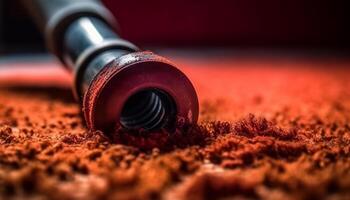 Shiny metallic coffee bottle spilling fresh ground dirt on table generated by AI photo