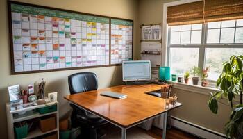 Modern office design with wooden desk, chair, and computer equipment generated by AI photo