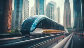 Blurred motion of high speed train on futuristic railroad track generated by AI photo