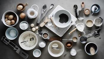 A rustic meal preparation set, arranged creatively on wooden table generated by AI photo