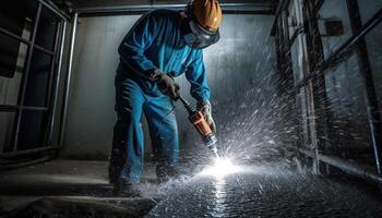 One skilled metal worker welding with protective gear indoors generated by AI photo