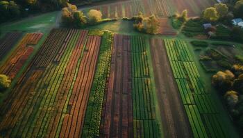 Autumn meadow, green trees in a row, aerial view generated by AI photo