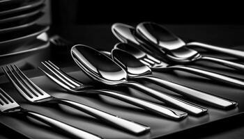 Shiny silverware in a row, utensils for elegant dining arrangements generated by AI photo