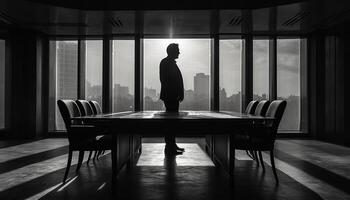 Silhouette of a successful businessman standing in a modern skyscraper generated by AI photo