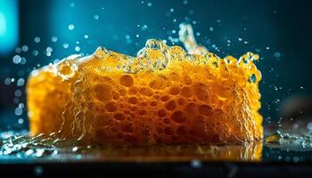 Golden honey pouring from honeycomb cell, a sweet refreshment generated by AI photo