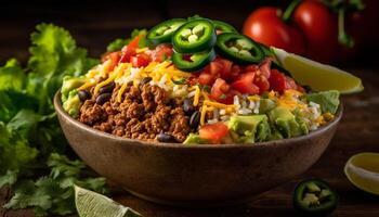 Fresh gourmet taco salad with organic beef and avocado guacamole generated by AI photo