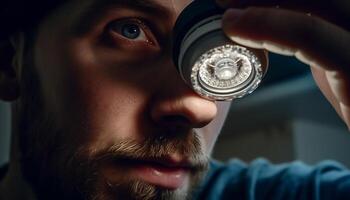 One caucasian male, with beard, watching through camera lens indoors generated by AI photo