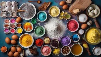 Vibrant colors of Indian spices in a bowl, culinary creativity generated by AI photo