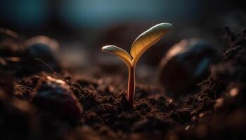 nuevo vida coles desde mojado suciedad, frágil árbol joven muestra belleza generado por ai foto