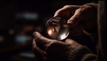 Senior scientist examining material with magnifying glass in close up generated by AI photo