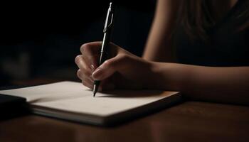 One person studying at desk, holding pencil, handwriting diary generated by AI photo