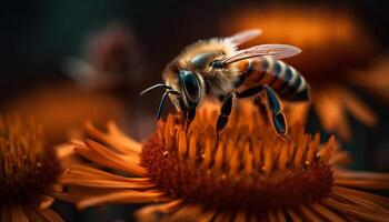 un ocupado miel abeja poliniza un amarillo flor en naturaleza generado por ai foto