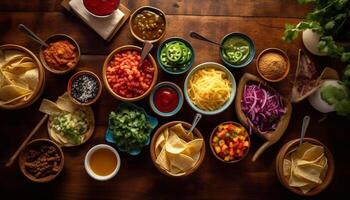 un gastrónomo comida de hecho en casa guacamole, Fresco verduras, y carne generado por ai foto