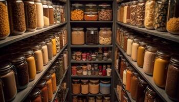 Organic spices in glass jars, arranged in rows for sale generated by AI photo