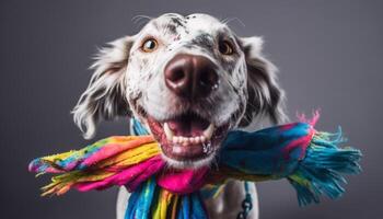 Cute purebred puppy with wet nose and furry coat poses indoors generated by AI photo