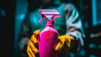 One person working, spraying liquid with protective glove indoors generated by AI photo