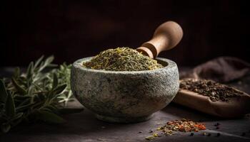 Fresh organic herbs and spices in rustic wooden bowl close up generated by AI photo