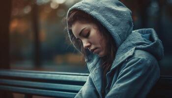 Lonely young woman in the rain, feeling sadness and hopelessness generated by AI photo