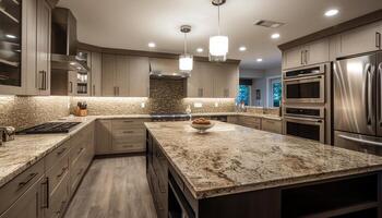 Modern luxury kitchen with stainless steel appliances and marble decor generated by AI photo