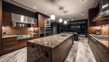 New modern kitchen design stainless steel appliances, marble countertops, elegant lighting generated by AI photo