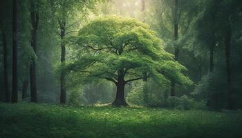 The spooky forest at dawn, a mystery in nature growth generated by AI photo