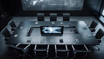 Modern office design with empty board room and futuristic equipment generated by AI photo