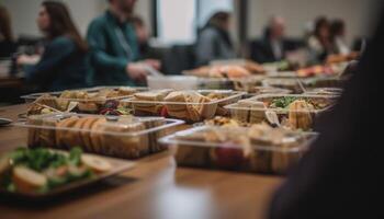 A gourmet meal on a dining table with fresh vegetables generated by AI photo