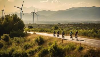 Men cycle through mountain range, wind turbines turning in background generated by AI photo