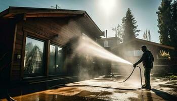 One person spraying water on burning building with fire hose generated by AI photo