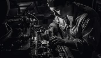 One skilled mechanic examining machinery with confidence in workshop generated by AI photo