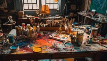 Creative artist uses multi colored paintbrush to craft messy paintings indoors generated by AI photo