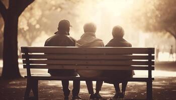 Mature adults enjoy sunset on bench, bonding in nature togetherness generated by AI photo