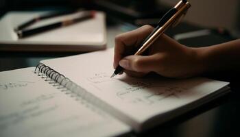 Creative student working on homework, holding pen and notebook indoors generated by AI photo