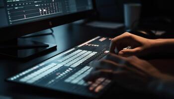 The musician hand mixing sound on computer in recording studio generated by AI photo