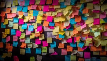 Multi colored adhesive notes on chaotic bulletin board inspire modern creativity generated by AI photo