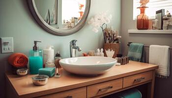 Fresh blue flowers bring elegance to modern bathroom design inside residential building generated by AI photo