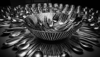 Shiny silverware and crockery adorn the modern kitchen table generated by AI photo