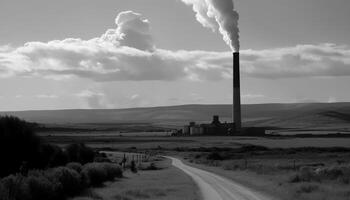 Coal powered factory emits smoke, damaging environment and polluting air generated by AI photo