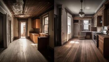 Empty rustic kitchen with old fashioned elegance and modern design elements generated by AI photo