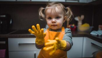Playful toddler enjoys messy baking with family in domestic kitchen generated by AI photo