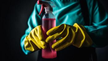 Protective latex glove sprays antiseptic liquid for safe cleaning service generated by AI photo