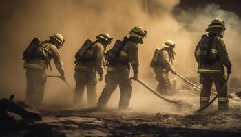 Firefighters in protective workwear extinguish inferno with teamwork and courage generated by AI photo