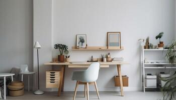 moderno oficina diseño con elegante madera mesa y cómodo Sillón generado por ai foto
