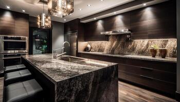 Modern kitchen design with luxury materials, stainless steel appliances, and marble generated by AI photo