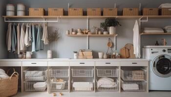 Modern kitchen with clean stainless steel appliances and elegant crockery generated by AI photo