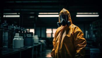 One man in protective workwear and mask working in factory generated by AI photo