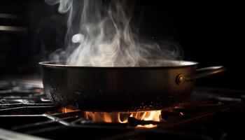 Steaming hot soup simmers on cast iron stove top burner generated by AI photo